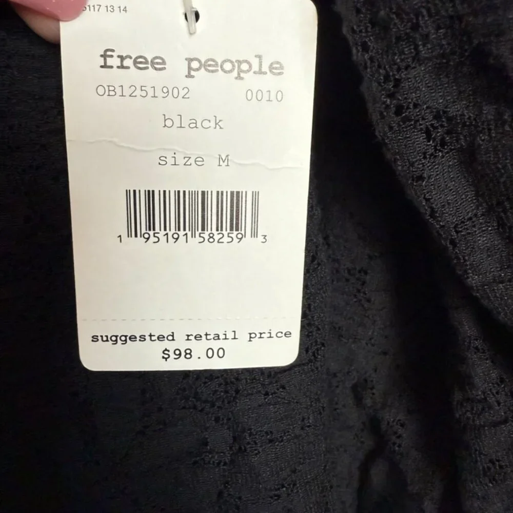 Free People Tea Time Blouse Women M Black Lace Open Back Puffed Sleeves Boho NWT